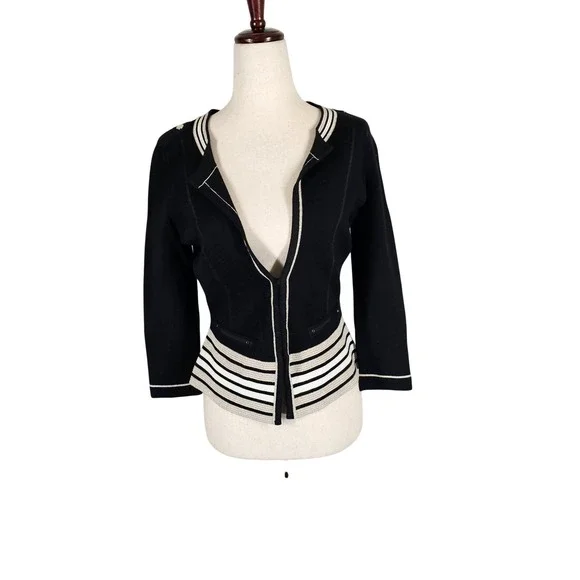 White House Black Market Sweater Womens XS Black Striped Knit Cardigan Metallic - Picture 1 of 10